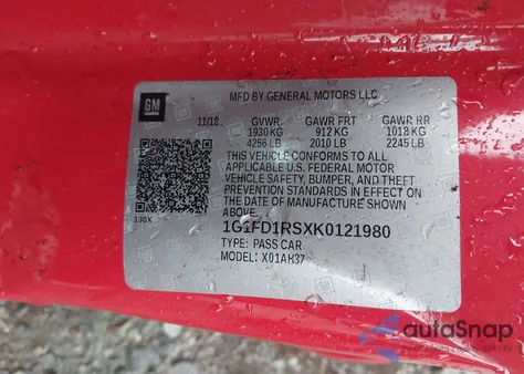 2019 Chevrolet Camaro Lt из США, поврежденный, VIN 1G1FD1RSXK0121980